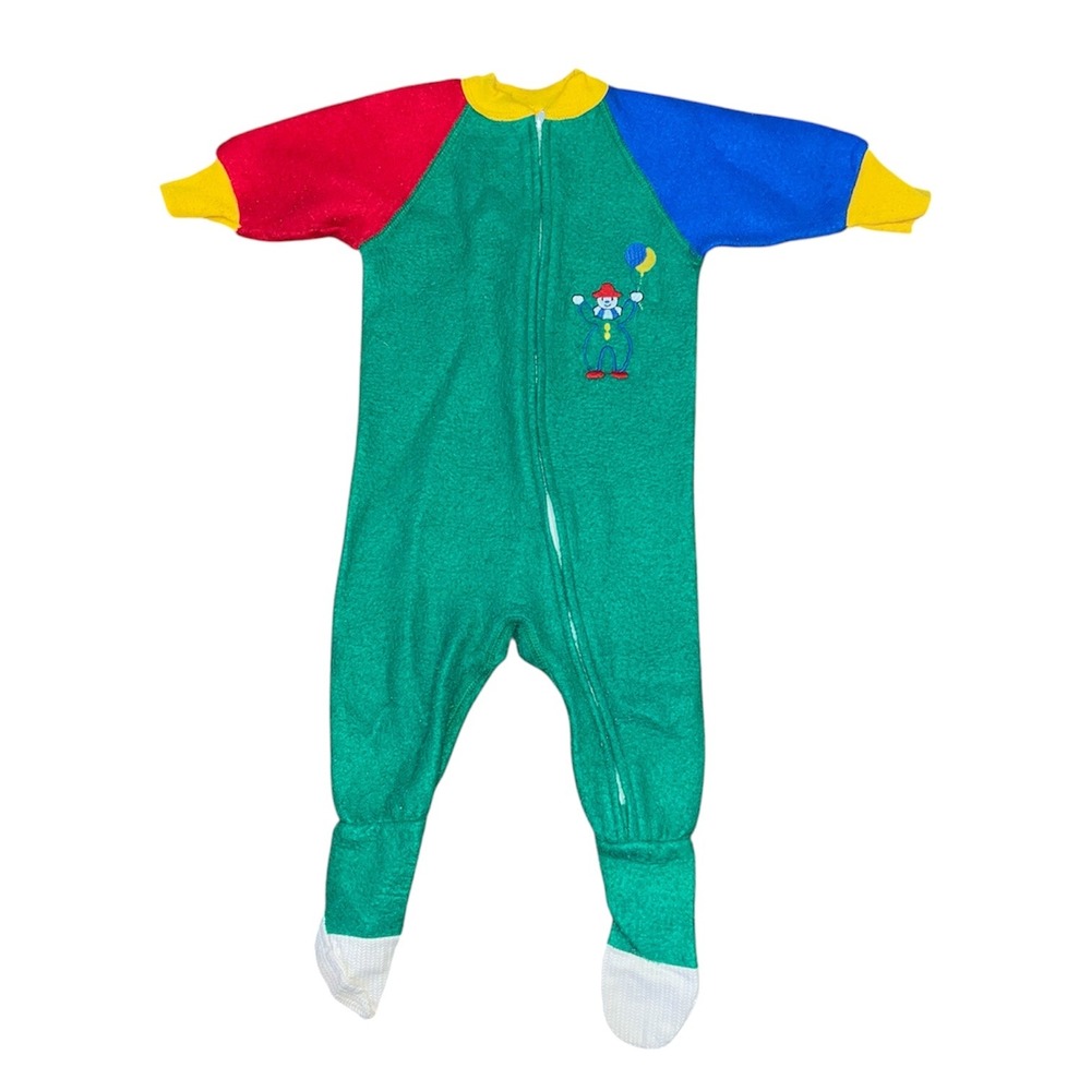 Vintage 90 Circo Kids ColorBlock Embroidered Clown Footed Sleeper Green Red Blue